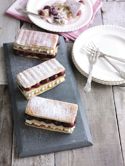 Roasted cherry and vanilla mousse millefeuille
