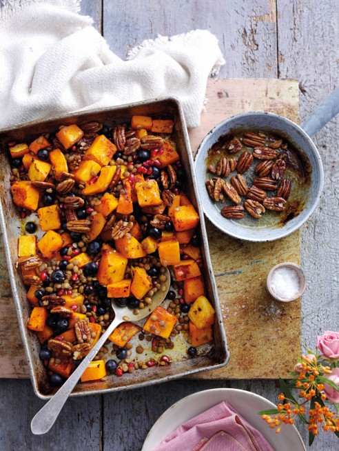 Roasted Pumpkin, Blueberries and Spiced Lentils