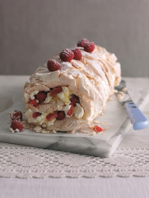 Red berry meringue roulade