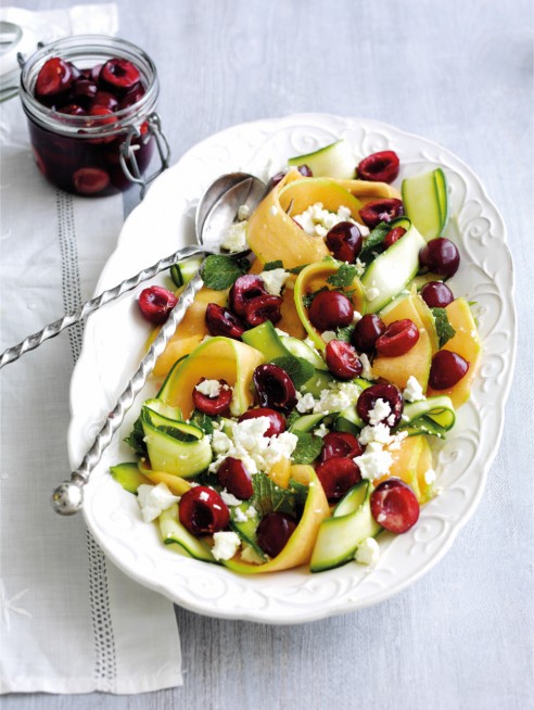 Summer salad with feta and pickled cherries