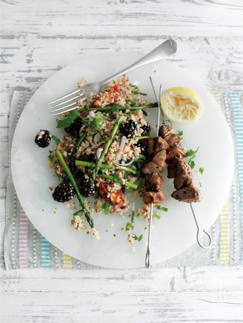 Spiced lamb skewers with blackberry quinoa salad