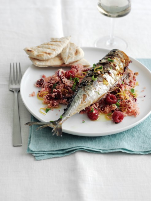 Grilled mackerel with beetroot and raspberry couscous