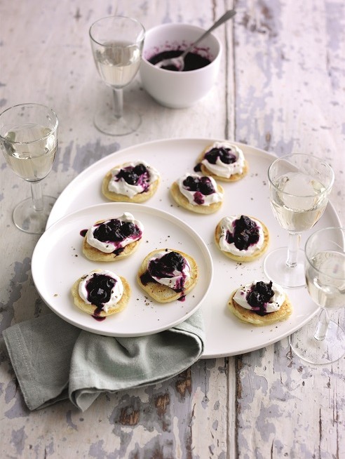 Blueberry Blinis with whipped goats cheese and Blueberry, black pepper chutney