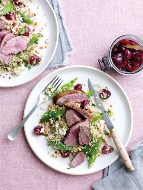 Freekeh salad with pan fried duck breast and pickled cherries