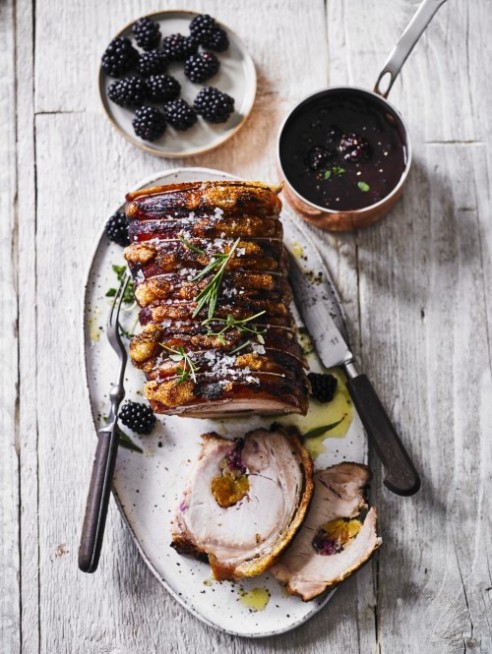 Rolled pork loin with blackberry, lemon and dried apricot stuffing and blackberry sauce