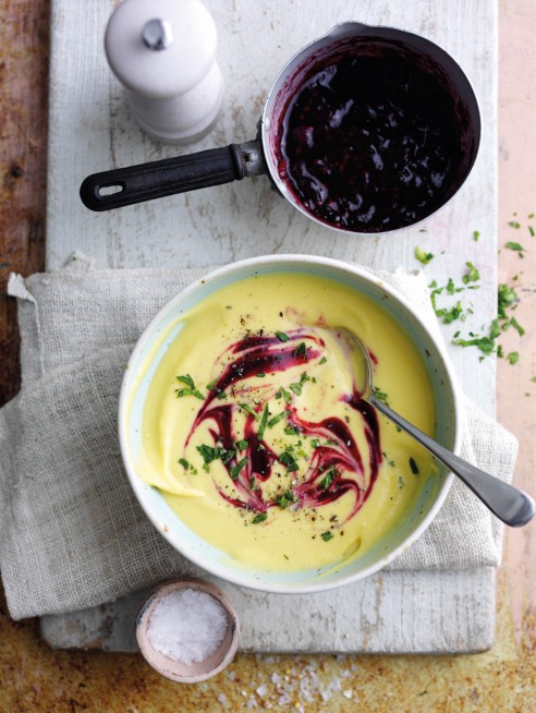 Sweet Potato Soup with Blackberry and Basil Sauce