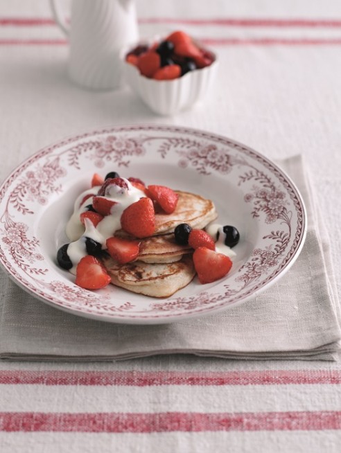 Scotch pancakes with mixed berries and crème anglaise