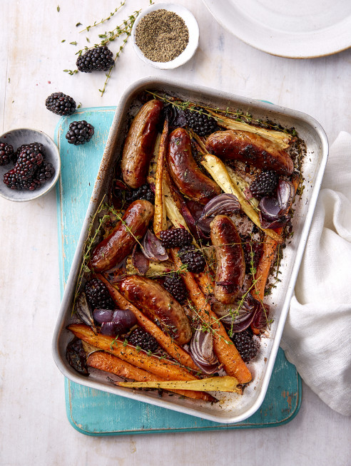 Sausage, Parsnip, Carrot & Blackberry Tray Bake