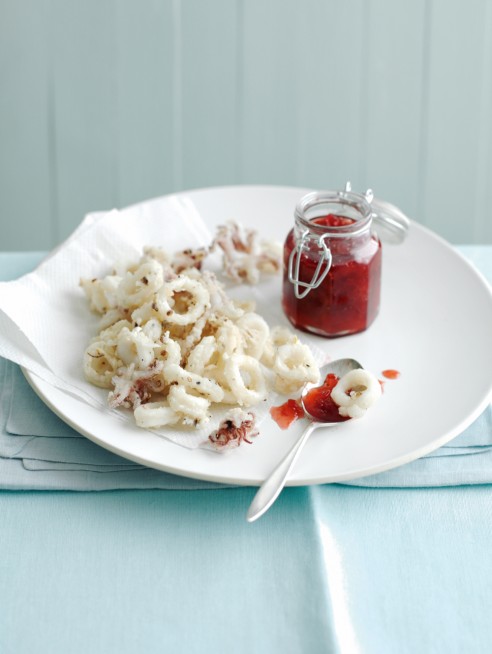 Salt and pepper squid with chillied strawberry chutney